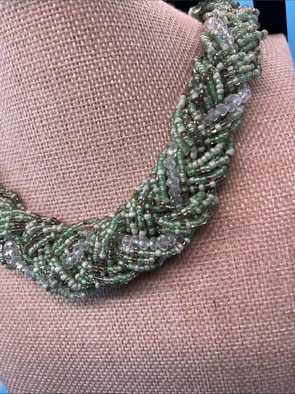 Lane Bryant Twisted Green Seed Bead Statement Necklace